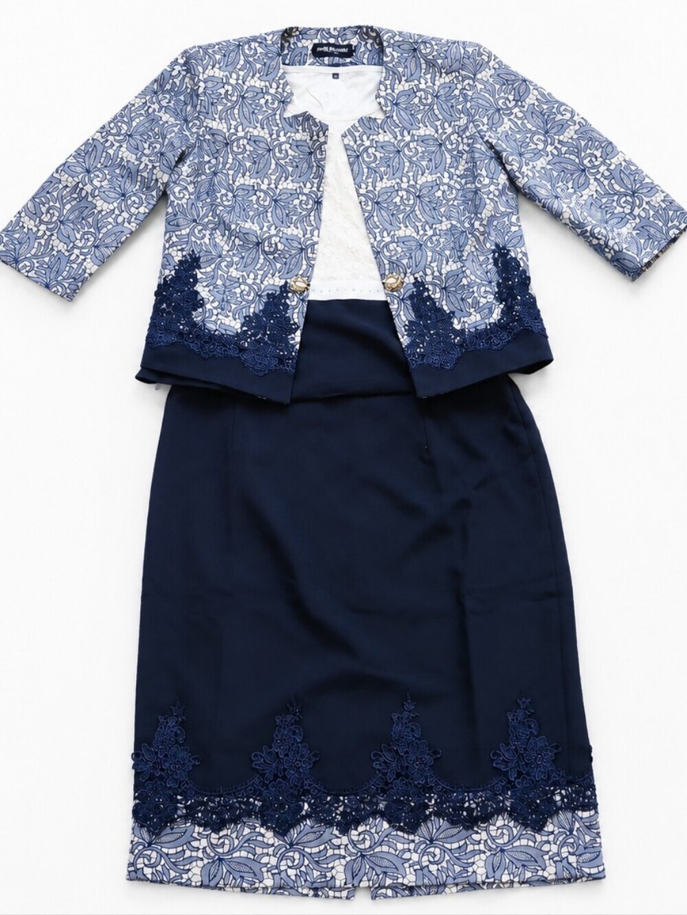 Elegant Navy Blue Lace Skirt Suit Set Size 46 Special Occasion 3-Piece Wedding